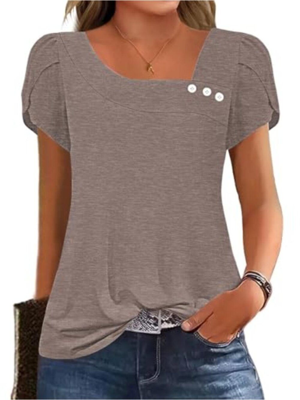 Women's Petal Sleeve Button Blouse Asymmetric Neck Dressy Work Top